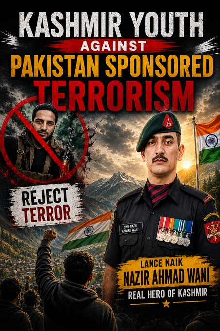 Kashmir_Fact's tweet photo. Honor those who defended the nation, not those who took up arms against it.
I stand with Lance Naik Nazir Ahmad Wani.
Kashmir Youth Against Pakistan Sponsored Terrorism.
#VoiceOfKashmir #PoKExposed #PakistanTerrorState #KashmirIsIndia #PakistanExposed #BreakingNews #TrendingNow #JammuAndKashmir #India #CounterTerrorism #SouthAsia #NationFirst