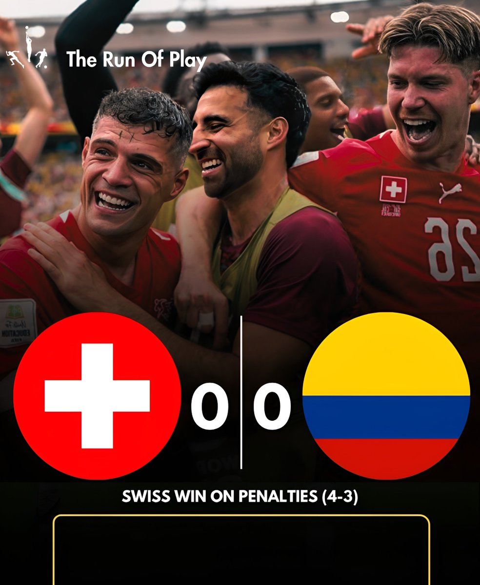 therunofplay's tweet photo. 𝐒𝐖𝐈𝐓𝐙𝐄𝐑𝐋𝐀𝐍𝐃 𝐒𝐇𝐎𝐂𝐊 𝐂𝐎𝐋𝐎𝐌𝐁𝐈𝐀 𝐓𝐎 𝐊𝐄𝐄𝐏 𝐏𝐑𝐎𝐆𝐑𝐄𝐒𝐒𝐈𝐍𝐆🤯🔥

The Swiss emerge victorious on penalties in what was an intense clash in the Round of 16😯😮‍💨

And with that, the 2026 FIFA World Cup is now heading into the quarter-finals🏆🌎

#switzerland #colombia #ro16 #worldcup2026 #football
