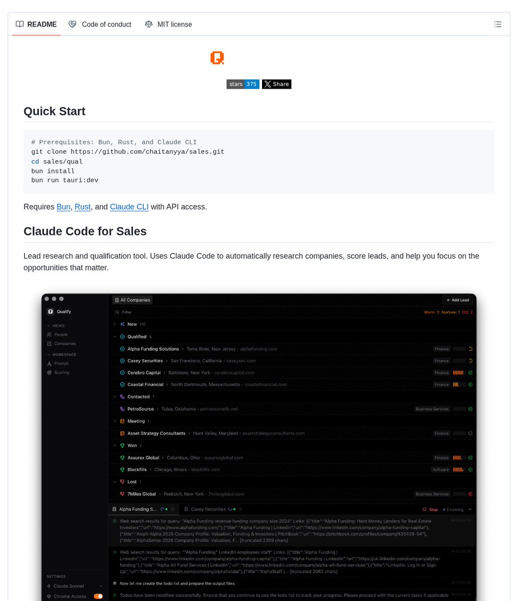DanKornas's tweet photo. Lead research is where sales pipelines quietly leak hours.

Qualify is a Claude Code-powered lead research and qualification tool for teams that need to evaluate companies before outreach.

It helps you turn a company list into scored opportunities by researching each business, checking it against your ICP, and showing the reasoning behind every score.

Key features:

• Deep company research – pulls company information, business model, products/services, employee count, funding, and more
• AI-powered scoring – rates leads against custom criteria like industry, company size, growth signals, and urgency indicators
• Contact discovery – finds relevant people at each company with roles and contact details
• Live research stream – lets you watch Claude investigate each lead in real time
• Reviewable lead scores – gives each lead a 0–100 score with detailed reasoning you can inspect

It’s open-source (MIT license).

Link in the reply 👇