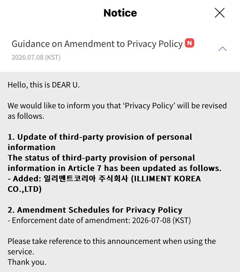 TENsfeed's tweet photo. Amendment on the Lysn Policy Update

ILLIMENT KOREA has been officially added as third-party for DEAR U/Bubble. It is likely that Ten’s subscription will officially be under @illimnt https://t.co/H5B7cizHs7
