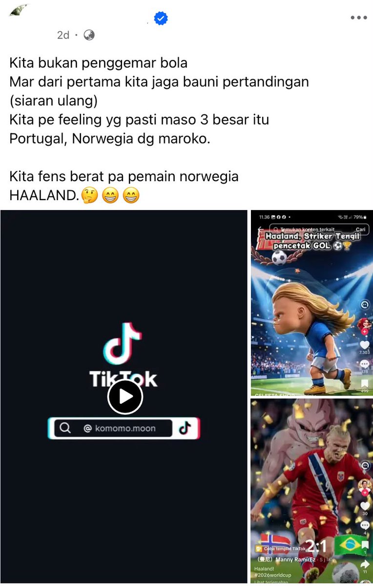 magicalsirius's tweet photo. Riil dah ga bisa selamat mak w dari pesona bang Haaland, posting di pesbuk ampe 2 kali bgt???😭🙏🏻🙏🏻 btw punten jgn salfok sama prediksi sotoy mak w yg Portugal bakal masuk top 3..,,, https://t.co/YCvn2OKGE1