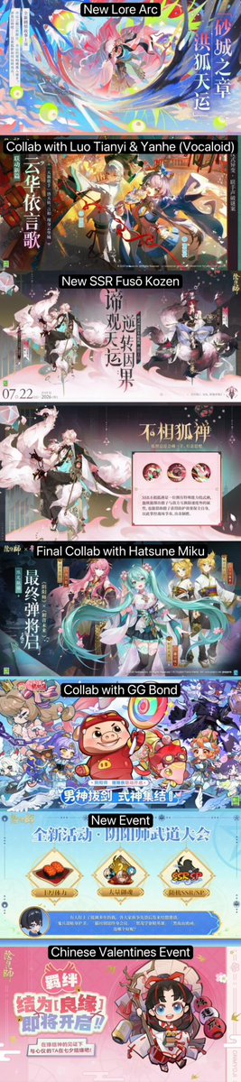 guidemyoji's tweet photo. 「CN SERVER」   

Hints & previews for upcoming contents (July/August)

- New SSR Fusō Kozen & Banner Event
- New Collab Luo Tianyi & Yan He (Vocaloids)
- Final Collab with Hatsune Miku
- Free shikis: Ama, SP Kag, Fuken, SP Shu, Izanami
- New Skins - a lot, 6 free
- New Collabs & Goods & Mini Events
- Art Contest - includes Shikigami Design contest (where Oitsuki came from) 

Full vid: https://t.co/iKmfu5BCbd

#Onmyoji #阴阳师手游