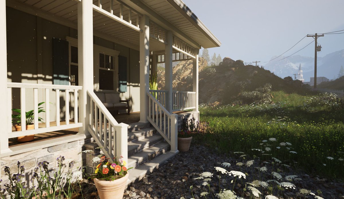 MYRM_Official's tweet photo. Ztan looks peaceful, doesn’t it? 🌸

Flowers on the porch. Sun over the mountains. Quiet streets.

Almost too quiet.

#MYRM #HorrorGame https://t.co/dRPFCFV7Ca