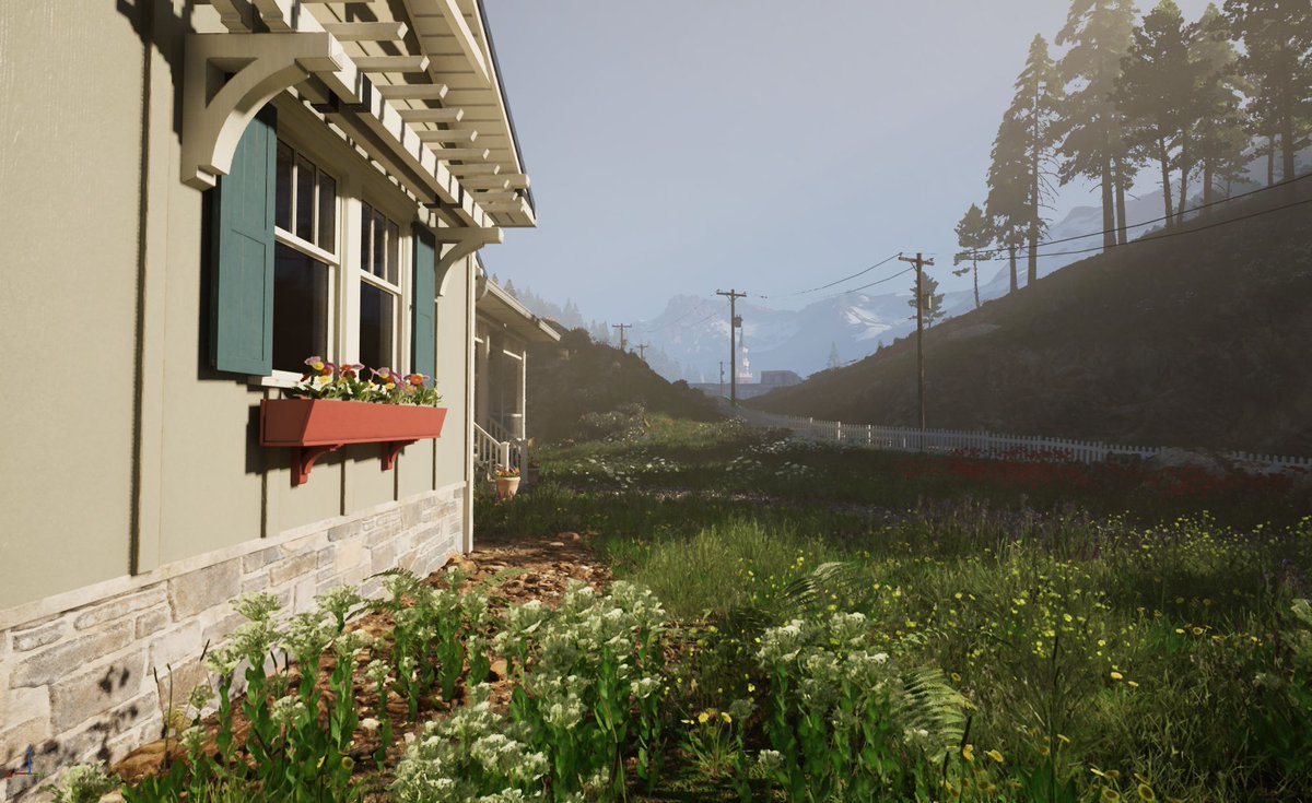 MYRM_Official's tweet photo. Ztan looks peaceful, doesn’t it? 🌸

Flowers on the porch. Sun over the mountains. Quiet streets.

Almost too quiet.

#MYRM #HorrorGame https://t.co/dRPFCFV7Ca