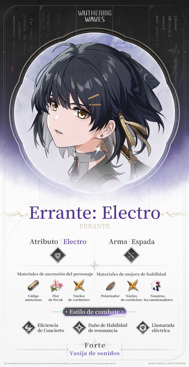 WW_ES_Official's tweet photo. Revelación del perfil | Vasija de sonidos - Errante: Electro

Cargando datos>>>
✦Errante: Electro✦
Errante ha despertado una nueva habilidad de Resonancia, haciendo gala de un poder Electro nunca antes visto. Ahora posee los engranajes del mundo en todas sus formas, en la palma de la mano. Hiciste la promesa de buscar el tenue reflejo en el prisma. El acertijo que nunca fue tuyo aguarda ahora una respuesta que nadie pudo prever.

▼Consulta el enlace para más información: https://t.co/pOXZhejbFQ

#WutheringWaves #WutheringWavesES