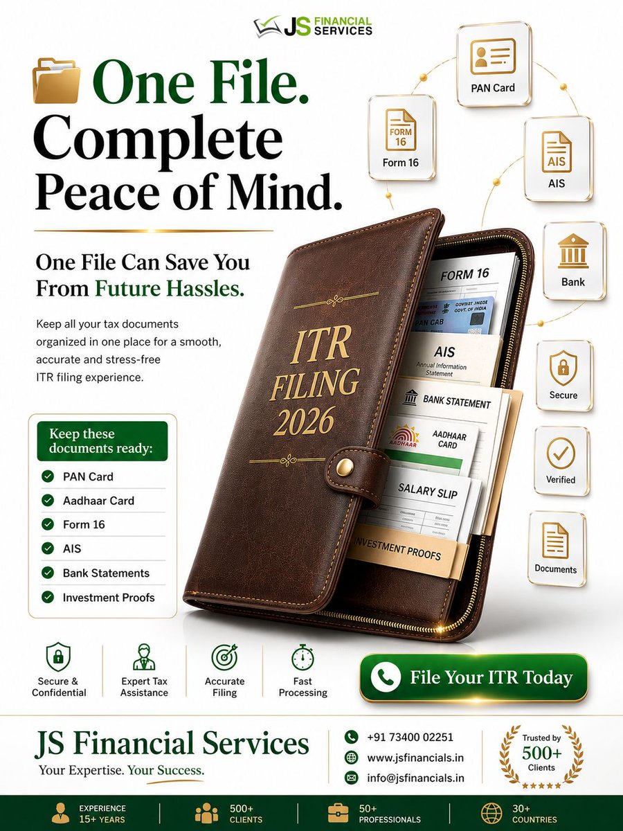 JS_Financials's tweet photo. 📂 One File. Complete Peace of Mind.

File your Income Tax Return with confidence through JS Financial Services. We offer accurate, secure, and hassle-free ITR filing with expert guidance and end-to-end support.
📞 Call: +91 73400 02251
🌐 https://t.co/mZxkvwPlum https://t.co/1JQRUQ6SKn