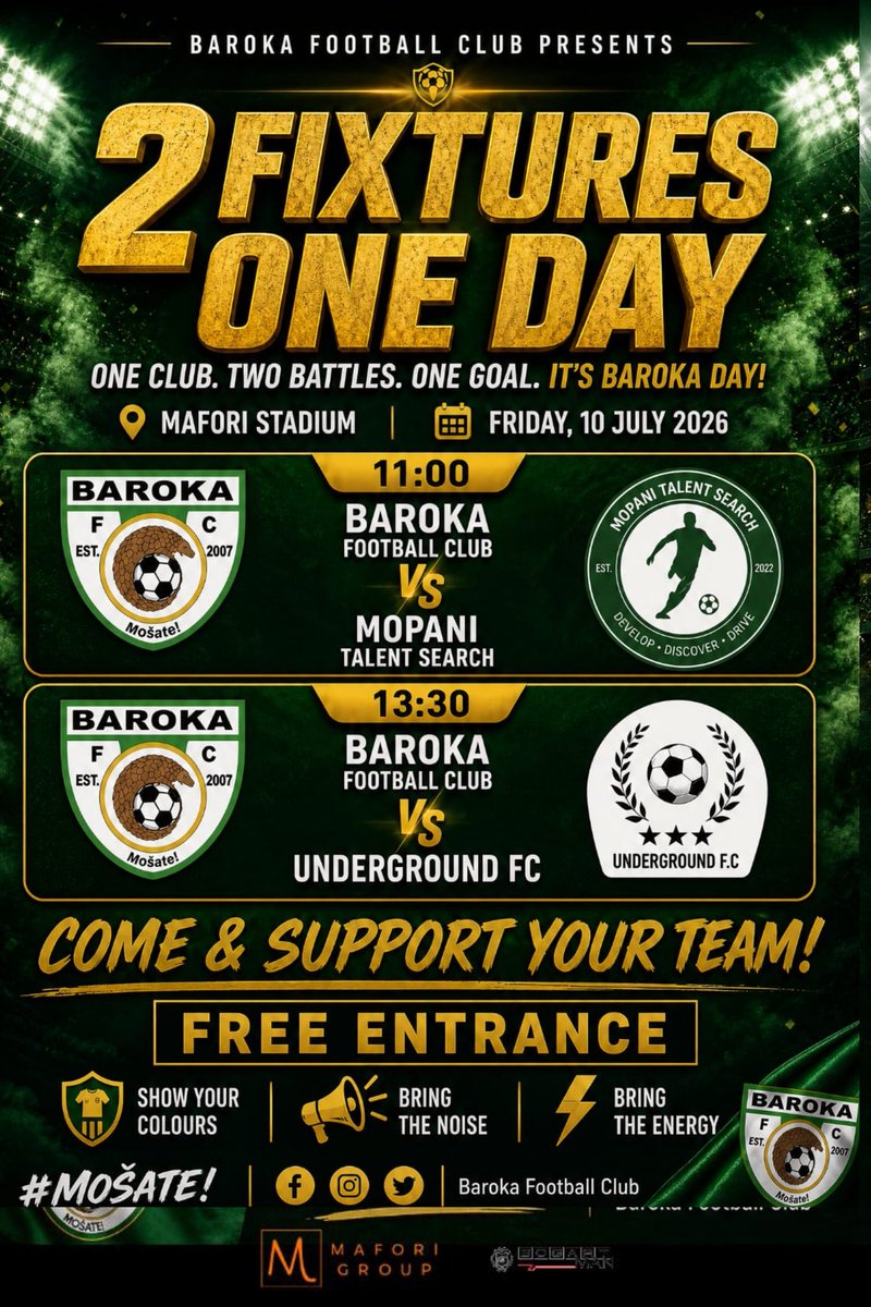 Baroka_FC's tweet photo. NEXT MATCH ALERT!
Two fixtures. One club. One mission. ๐๐
๐ Mopani Talent Search | ๐ 11:00
๐ Underground FC | ๐ 13:30
๐ Mafori Stadium
๐๏ธ FREE ENTRANCE
@MaforiG
#BarokaFC #Mosate #NextMatch #Mafori #SupportYourTeam ๐๐ https://t.co/yIPfbJyy3D