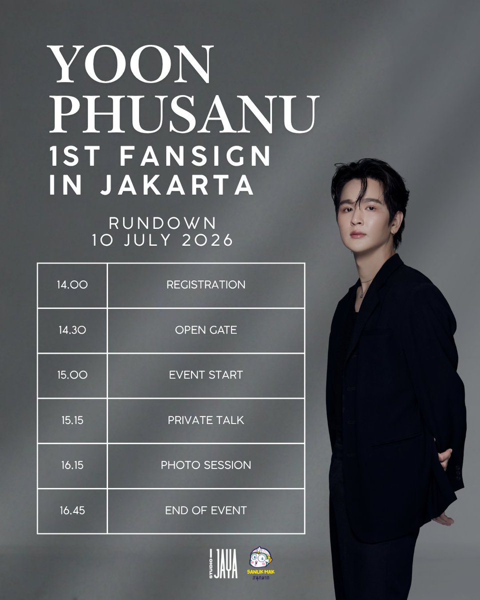 yoonpsn_th's tweet photo. YOON PHUSANU 1ST FANSIGN IN JAKARTA 🇮🇩

The wait is over! We’re excited to welcome Yoon Phusanu to Jakarta for his very first fansign event.

📍 Indonesia Academy, CGV Central Park
📅 10 & 12 July 2026

Get ready to create unforgettable memories with Yoon. See you there!

#YoonPhusanu #YoonPhusanuInJakarta #YoonPhusanu1stFansignInJakarta #SanukMak #JayaStudio