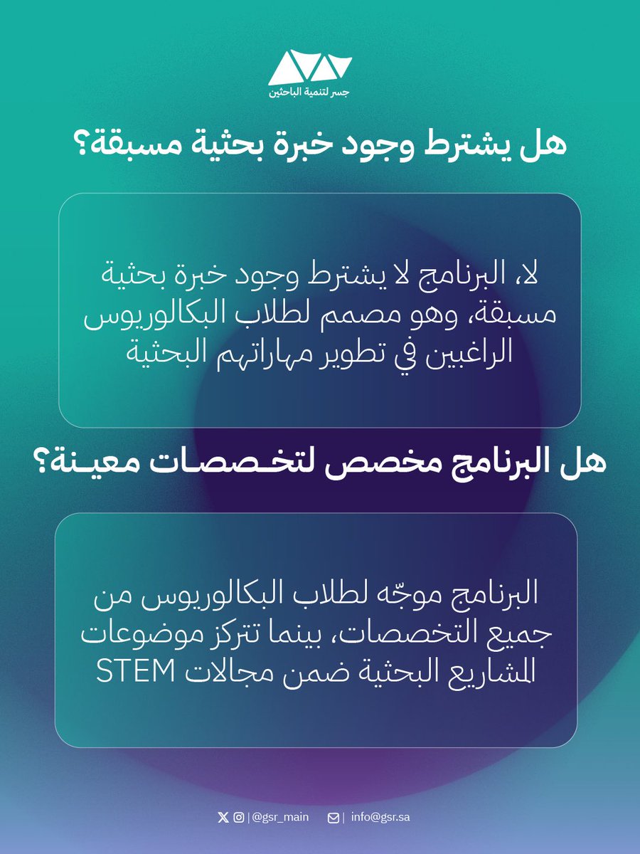 GSR_main's tweet photo. قبل التسجيل، تعرّف على أبرز المعلومات حول برنامج المهارات البحثية لطلاب البكالوريوس
استعرض الأسئلة الشائعة لمعرفة تفاصيل البرنامج، وإذا كان لديك استفسار آخر، يسعدنا الإجابة عنه عبر التعليقات أو من خلال التواصل معنا https://t.co/mxHfbUR0YZ