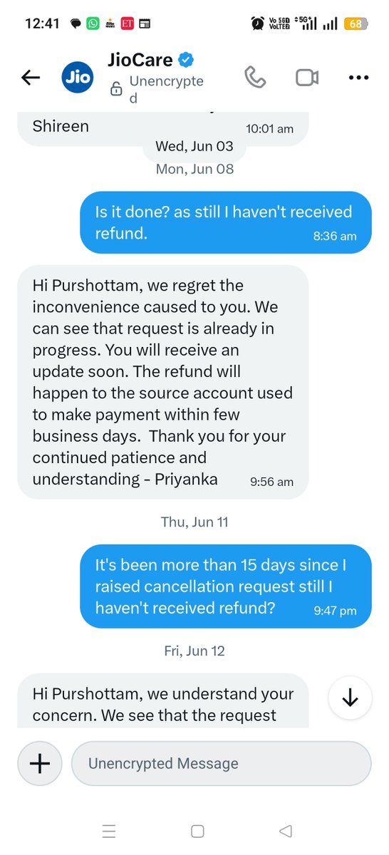 companionnn's tweet photo. @reliancejio @JioCare @JIOAIRFIBERIN @TRAI @reliancejio @JioCare @TRAI @JIOAIRFIBERIN Even after 2 months still haven't received refund for the cancellation request. Every time same reply wait for some time. Pathetic service by Jio Fiber Team. @AkashMAmbani https://t.co/EsA5lQgVaw