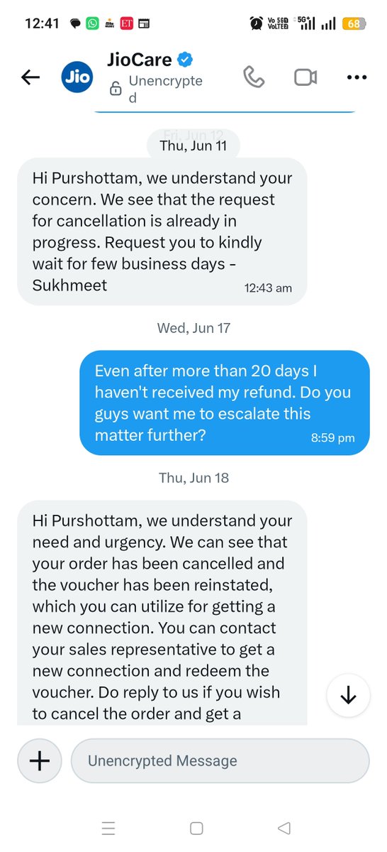 companionnn's tweet photo. @reliancejio @JioCare @JIOAIRFIBERIN @TRAI @reliancejio @JioCare @TRAI @JIOAIRFIBERIN Even after 2 months still haven't received refund for the cancellation request. Every time same reply wait for some time. Pathetic service by Jio Fiber Team. @AkashMAmbani https://t.co/EsA5lQgVaw