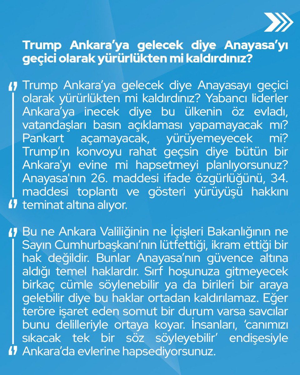devapartisi's tweet photo. Mehmet Emin Ekmen: “Trump’ın konvoyu rahat geçsin diye bütün bir Ankara'yı evine mi hapsetmeyi planlıyorsunuz?

Yabancı liderler Ankara’ya inecek diye bu ülkenin vatandaşları basın açıklaması yapamayacak mı, pankart açamayacak, yürüyemeyecek mi? 

Bunlar Anayasa’nın güvence altına aldığı temel haklardır. Sırf hoşunuza gitmeyecek birkaç cümle söylenebilir ya da birileri bir araya gelebilir diye bu haklar ortadan kaldırılamaz.”