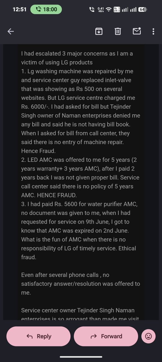 IAmrinderSingh's tweet photo. @LGIndia @lgeindia 
It is very shameful that LG is making serious fraud in the name of services/AMC. Escalated ample number of times even to MD, but no response. I had shared screenshots of payment to LG authorised service centre but LG supported fraud and no action #shame_on_lg https://t.co/fLFRyYks1z