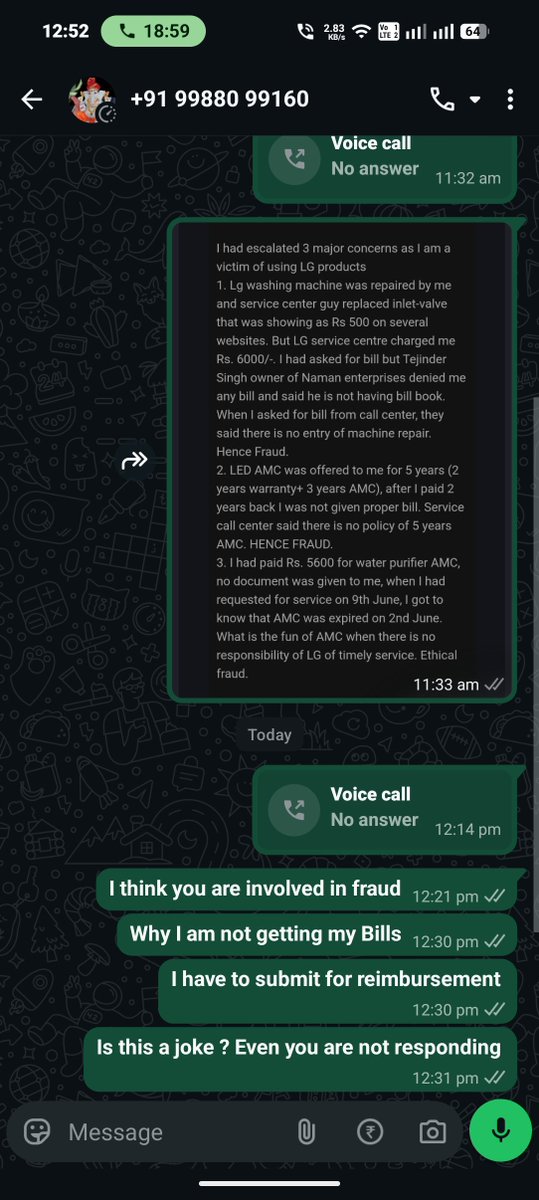 IAmrinderSingh's tweet photo. @LGIndia @lgeindia 
It is very shameful that LG is making serious fraud in the name of services/AMC. Escalated ample number of times even to MD, but no response. I had shared screenshots of payment to LG authorised service centre but LG supported fraud and no action #shame_on_lg https://t.co/fLFRyYks1z
