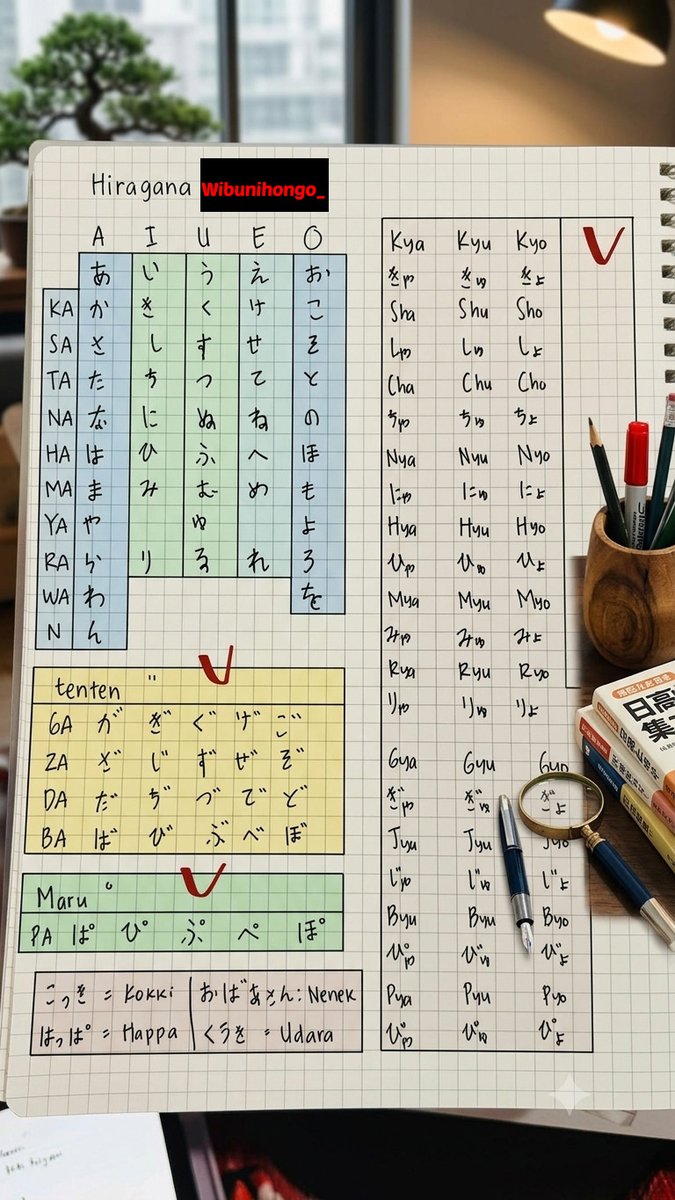 wibunihongo_'s tweet photo. Belajar bahasa Jepang mulai dari mana?  🧐

1. Hafalin Hiragana (あいうえお) & Katakana  (アイウエオ) Cara buat hafalinnya: Sering nulis kosakata Jepang pakai huruf hiragana dan katakana  

2. Pelajari partikel dasar: wa (は), mo (も), no (の) dan lainnya. Partikel dipakai untuk menghubungkan kata dalam bahasa Jepang.   

3. Perbanyak kotoba (kosakata) Hafalin kotoba basic dan di sekitar kita, misal: saya (watashi), kamu (anata), lampu (denki), mobil (kuruma), dll.  

4. Perbanyak kata kerja dan pelajari bentuk perubahannya

5. Rekomendasi buku minna nihongo

Lanjut