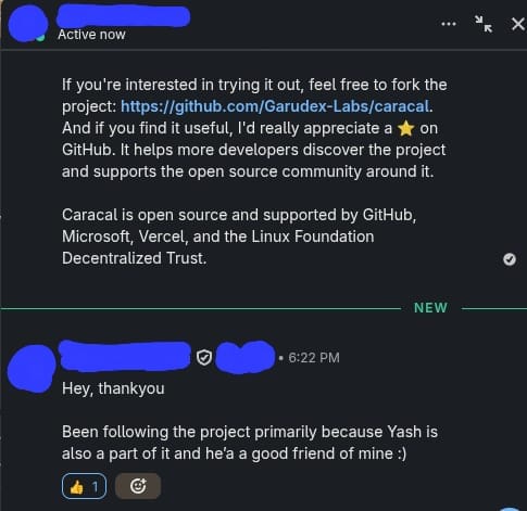 RAWx18_dev's tweet photo. Been DMing people to check out Caracal.
Got this reply.

Funny part?
There isn't a single person named Yash involved with the project. 😭 https://t.co/9ErvBD6JjF