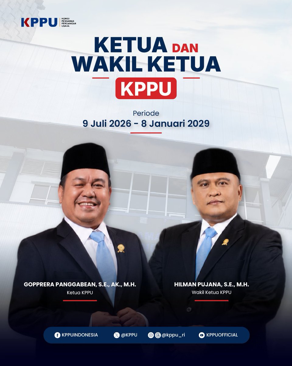 KPPU's tweet photo. Tongkat estafet kepemimpinan terus bergerak untuk menguatkan persaingan usaha yang sehat di Indonesia. 

Di tengah dinamika ekonomi yang terus berkembang, semangat menjaga persaingan usaha yang sehat semakin penting agar dunia usaha dapat tumbuh secara adil, inovatif, dan memberi manfaat bagi seluruh masyarakat.

Mari melangkah bersama, memperkuat budaya persaingan usaha yang sehat, mendorong kemitraan yang berkeadilan, dan menghadirkan pasar yang lebih kompetitif untuk Indonesia yang semakin maju.

Selamat bertugas dan mengemban amanah, untuk Ketua KPPU Gopprera Panggabean dan Wakil Ketua KPPU Hilman Pujana. 

#KPPU #PersainganUsaha #GoppreraPanggabean #HilmanPujana