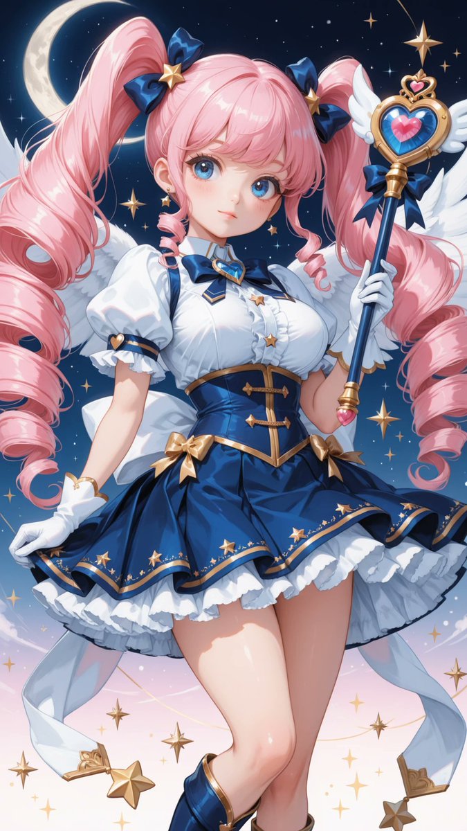 AliceLavli's tweet photo. マジカル少女のコスチュームの衣装プロンプトをどうぞ🪄
high-collared magical girl uniform dress, fitted bodice, short puff sleeves with layered white cuffs, sweetheart neckline with white bodice, oversized white satin ribbon centered beneath the collar, faceted sapphire blue jewel brooch at the ribbon center, heart-shaped blue gemstone chest ornament with gold frame, deep navy blue corset waist panel with metallic gold trim, decorative gold cross straps on the corset front, fitted natural waist, layered short flared pleated skirt in deep navy blue, white ruffled petticoat visible beneath the hem, metallic gold hem trim, gold star motifs scattered around the skirt, golden inner pleat accents, large white back waist bow, long white translucent ribbon tails decorated with gold stars and small gold hearts, gold star tassels hanging from the ribbon ends, white wrist-length gloves with gold trim, knee-high deep navy blue boots with metallic gold trim and gold ribbon lacing, ornate magical wand, elegant heart-shaped sapphire blue crystal centerpiece with a small pink heart jewel accent, polished gold frame, crescent moon and star motifs, white wing ornaments, long white satin ribbons hanging from the handle, floating tiny golden stars, luxurious satin fabric, matte chiffon overlays, soft organza accents, refined magical girl academy aesthetic, symmetrical tailoring, highly detailed stitching, strict color placement, white bodice, sleeves, gloves, petticoat and ribbons only, deep navy blue corset, skirt and boots only, metallic gold trim and decorations only, sapphire blue jewels only, pink heart jewel accent only