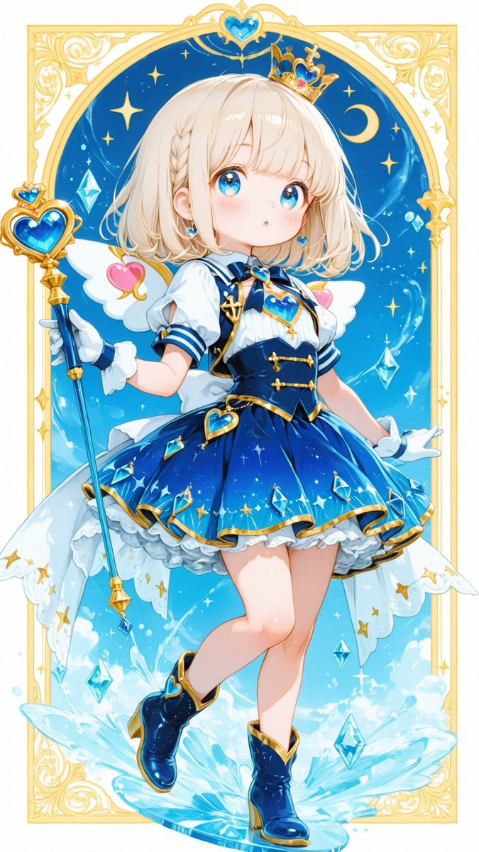 AliceLavli's tweet photo. マジカル少女のコスチュームの衣装プロンプトをどうぞ🪄
high-collared magical girl uniform dress, fitted bodice, short puff sleeves with layered white cuffs, sweetheart neckline with white bodice, oversized white satin ribbon centered beneath the collar, faceted sapphire blue jewel brooch at the ribbon center, heart-shaped blue gemstone chest ornament with gold frame, deep navy blue corset waist panel with metallic gold trim, decorative gold cross straps on the corset front, fitted natural waist, layered short flared pleated skirt in deep navy blue, white ruffled petticoat visible beneath the hem, metallic gold hem trim, gold star motifs scattered around the skirt, golden inner pleat accents, large white back waist bow, long white translucent ribbon tails decorated with gold stars and small gold hearts, gold star tassels hanging from the ribbon ends, white wrist-length gloves with gold trim, knee-high deep navy blue boots with metallic gold trim and gold ribbon lacing, ornate magical wand, elegant heart-shaped sapphire blue crystal centerpiece with a small pink heart jewel accent, polished gold frame, crescent moon and star motifs, white wing ornaments, long white satin ribbons hanging from the handle, floating tiny golden stars, luxurious satin fabric, matte chiffon overlays, soft organza accents, refined magical girl academy aesthetic, symmetrical tailoring, highly detailed stitching, strict color placement, white bodice, sleeves, gloves, petticoat and ribbons only, deep navy blue corset, skirt and boots only, metallic gold trim and decorations only, sapphire blue jewels only, pink heart jewel accent only