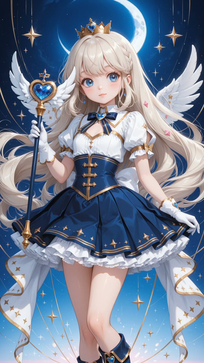 AliceLavli's tweet photo. マジカル少女のコスチュームの衣装プロンプトをどうぞ🪄
high-collared magical girl uniform dress, fitted bodice, short puff sleeves with layered white cuffs, sweetheart neckline with white bodice, oversized white satin ribbon centered beneath the collar, faceted sapphire blue jewel brooch at the ribbon center, heart-shaped blue gemstone chest ornament with gold frame, deep navy blue corset waist panel with metallic gold trim, decorative gold cross straps on the corset front, fitted natural waist, layered short flared pleated skirt in deep navy blue, white ruffled petticoat visible beneath the hem, metallic gold hem trim, gold star motifs scattered around the skirt, golden inner pleat accents, large white back waist bow, long white translucent ribbon tails decorated with gold stars and small gold hearts, gold star tassels hanging from the ribbon ends, white wrist-length gloves with gold trim, knee-high deep navy blue boots with metallic gold trim and gold ribbon lacing, ornate magical wand, elegant heart-shaped sapphire blue crystal centerpiece with a small pink heart jewel accent, polished gold frame, crescent moon and star motifs, white wing ornaments, long white satin ribbons hanging from the handle, floating tiny golden stars, luxurious satin fabric, matte chiffon overlays, soft organza accents, refined magical girl academy aesthetic, symmetrical tailoring, highly detailed stitching, strict color placement, white bodice, sleeves, gloves, petticoat and ribbons only, deep navy blue corset, skirt and boots only, metallic gold trim and decorations only, sapphire blue jewels only, pink heart jewel accent only