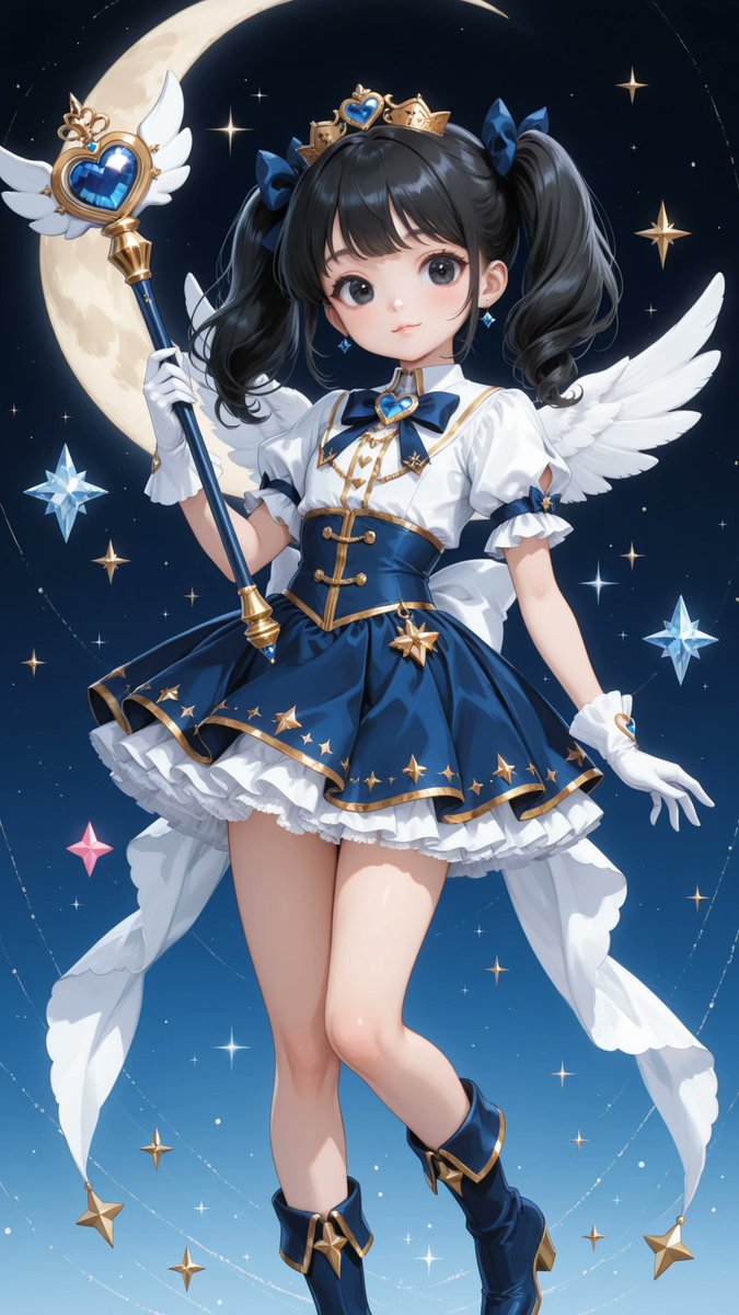 AliceLavli's tweet photo. マジカル少女のコスチュームの衣装プロンプトをどうぞ🪄
high-collared magical girl uniform dress, fitted bodice, short puff sleeves with layered white cuffs, sweetheart neckline with white bodice, oversized white satin ribbon centered beneath the collar, faceted sapphire blue jewel brooch at the ribbon center, heart-shaped blue gemstone chest ornament with gold frame, deep navy blue corset waist panel with metallic gold trim, decorative gold cross straps on the corset front, fitted natural waist, layered short flared pleated skirt in deep navy blue, white ruffled petticoat visible beneath the hem, metallic gold hem trim, gold star motifs scattered around the skirt, golden inner pleat accents, large white back waist bow, long white translucent ribbon tails decorated with gold stars and small gold hearts, gold star tassels hanging from the ribbon ends, white wrist-length gloves with gold trim, knee-high deep navy blue boots with metallic gold trim and gold ribbon lacing, ornate magical wand, elegant heart-shaped sapphire blue crystal centerpiece with a small pink heart jewel accent, polished gold frame, crescent moon and star motifs, white wing ornaments, long white satin ribbons hanging from the handle, floating tiny golden stars, luxurious satin fabric, matte chiffon overlays, soft organza accents, refined magical girl academy aesthetic, symmetrical tailoring, highly detailed stitching, strict color placement, white bodice, sleeves, gloves, petticoat and ribbons only, deep navy blue corset, skirt and boots only, metallic gold trim and decorations only, sapphire blue jewels only, pink heart jewel accent only