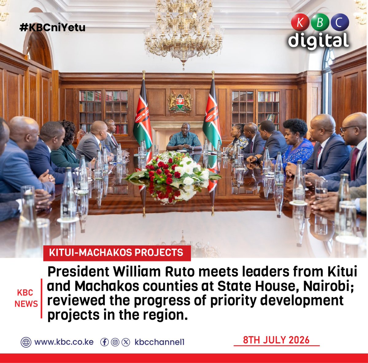 KBCChannel1's tweet photo. KITUI-MACHAKOS PROJECTS 
President William Ruto meets leaders from Kitui and Machakos counties at State House, Nairobi; reviewed the progress of priority development projects in the region.

#KBCniYetu ^PM https://t.co/EiuutheISS