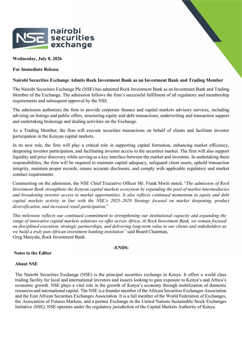 NSE_PLC's tweet photo. We are delighted to announce the admission of Rock Investment Bank as an Investment Bank and Trading Member of the Exchange.

The admission authorizes the firm to provide corporate finance and capital markets advisory services, including advising on listings and public offers, structuring equity and debt transactions, underwriting, and executing securities transactions on behalf of clients.

The admission of Rock Investment Bank reflects the continued growth and development of Kenya's capital markets, strengthening the Exchange's intermediary network and expanding opportunities for issuers and investors alike.

@Rib_investment 
@KASIB_KE