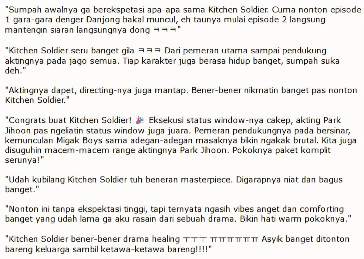 ch_sj2013's tweet photo. Komenan knetz soal The Legend of Kitchen Soldier jadi drakor terbaik kedua paruh pertama 2026 pilihan orang dalam industri. Banyak yang sepakat kalo dramanya tuh paket komplit 🫶🏻

​Awalnya banyak yang pesimis bakal cringe, eh ternyata eksekusi CGI sama komedinya mulus banget berkat akting Park Jihoon dan cast lain yang juara. 

Banyak juga yang ngerasa kalo Kitchen Soldier tuh healing, family friendly, serta bebas dari konflik yang bikin pusing.

Selain buat temen makan, bisa juga jadi penebus capek sekaligus obat Monday blues buat banyak orang 😊

https://t.co/T1vfCC1yE7