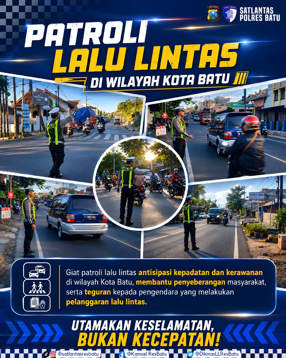 DikmasLLResBatu's tweet photo. PATROLI LALU LINTAS
📍Wilayah Kota Batu

Aman dan nyaman berkendara dengan mematuhi peraturan dan rambu-rambu lalu lintas!

Rabu, 8 Juli 2026

#ayotertiberlalulintas 
#kecelakaanberawaldaripelanggaran 
#stoppelanggaran #stopkecelakaan 
#polantaspenolongjalanraya https://t.co/4kxGHCPkvd