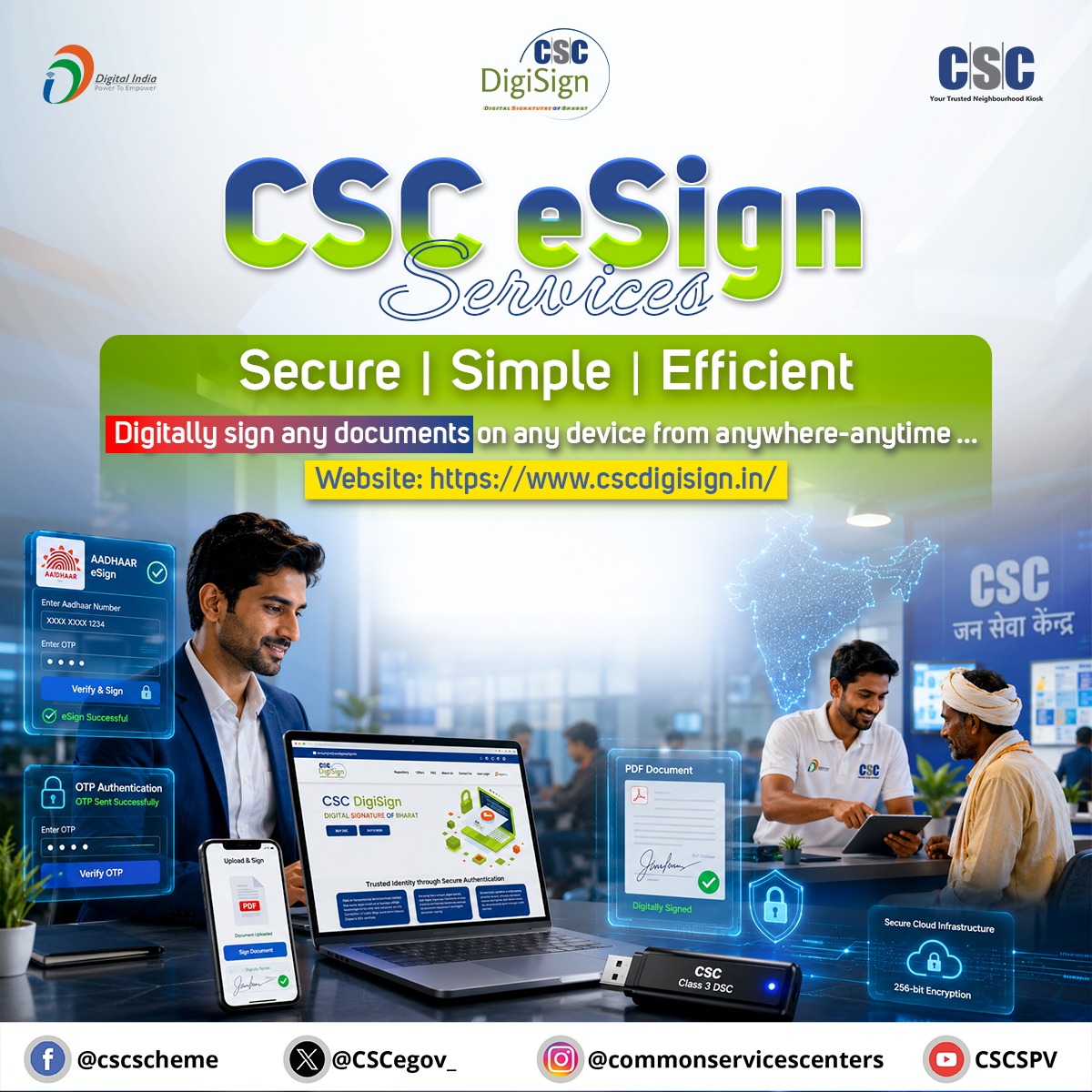 CSCegov_'s tweet photo. CSC eSign Services...

Digitally sign any documents on any device from anywhere-anytime...

To avail eSign Service, visit: https://t.co/LU5MEZOPt0

For more information, contact us at support@cscdigisign.in or call us at 14599 (For VLEs) & 7217616654 (For Clients/Citizens).

#CSC #DigitalIndia #DigitalSignature #eSign #DigitalInclusion #CSCeSignService #CSCeSignService #GoDigital #CSCDigiSignService #CSCDigiSign