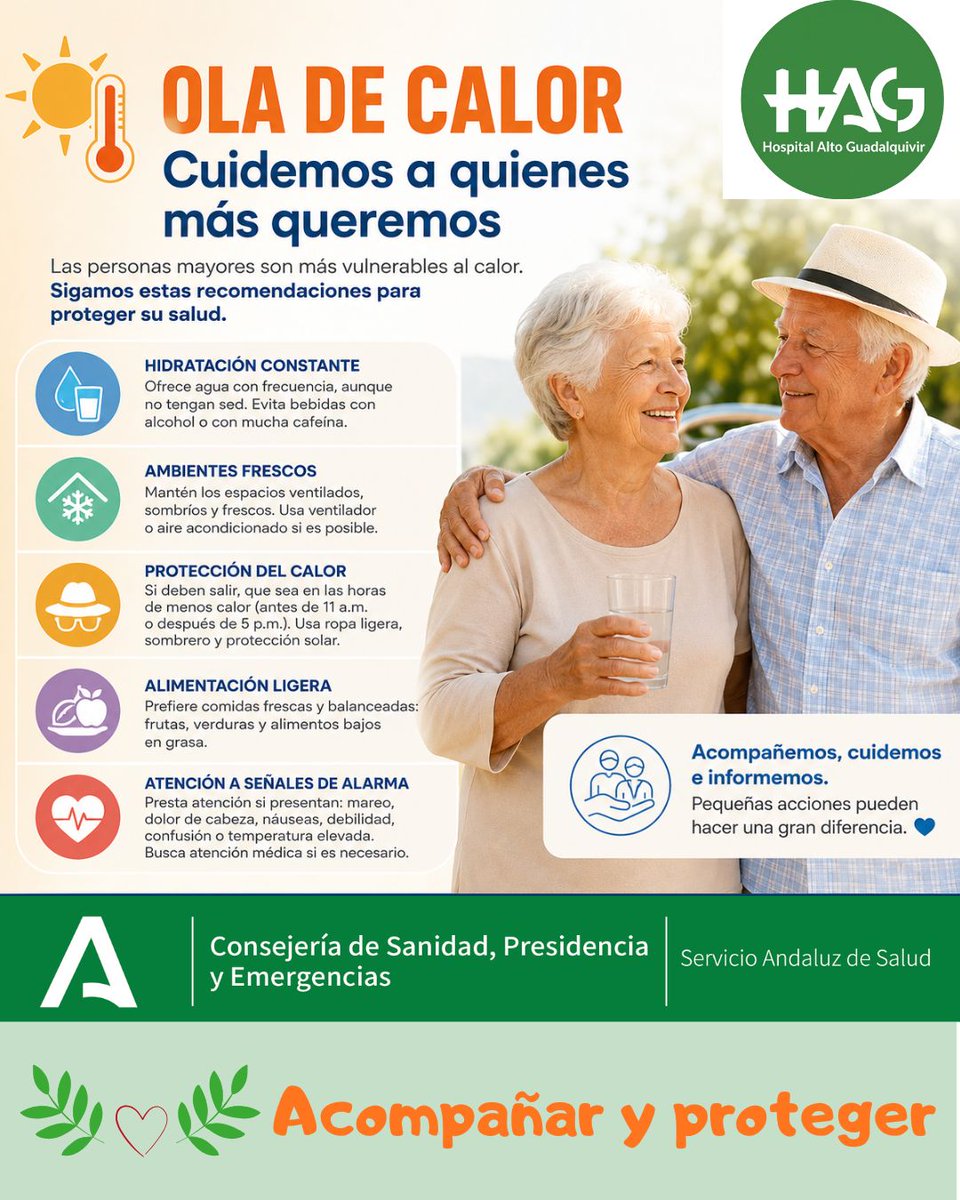 HospitalAltoG's tweet photo. Ola de calor: CUIDEMOS DE NUESTROS MAYORES
Las altas temperaturas pueden suponer un riesgo importante para la salud, especialmente en las personas mayores. Con unas sencillas medidas podemos ayudar a prevenir golpes de calor, deshidratación y otras complicaciones. https://t.co/cjfBq72LSs