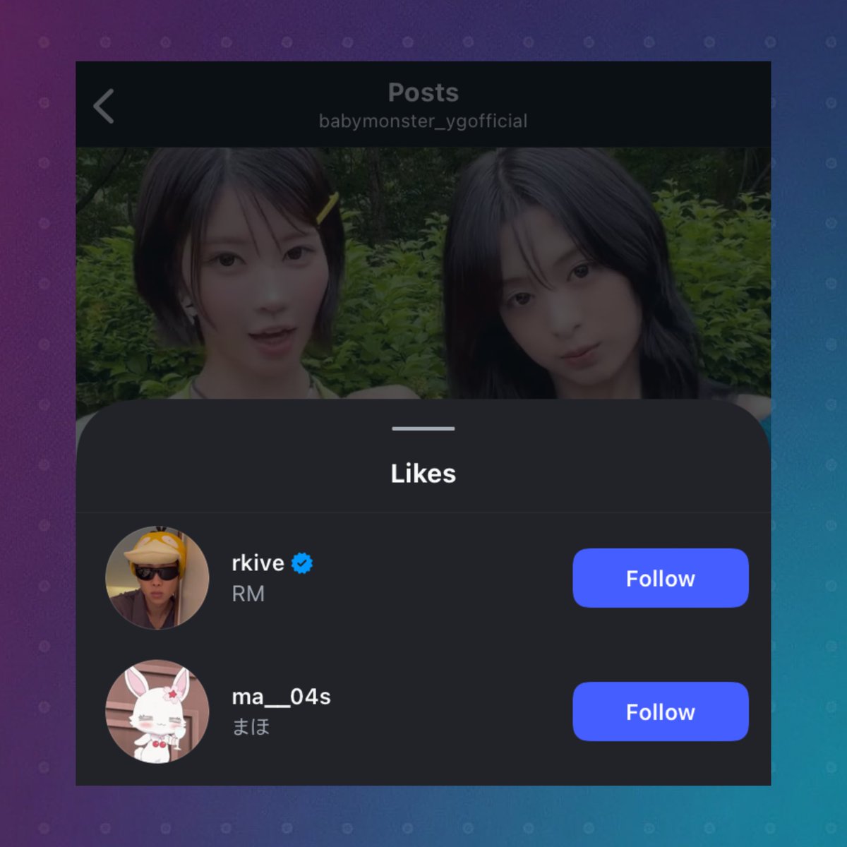 ahyeonsbase's tweet photo. BTS’s Namjoon liked BABYMONSTER’s Ahyeon and Asa’s recent video on Instagram. https://t.co/cxfSCkJD44
