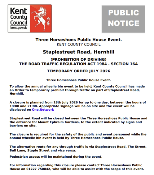 KentHighways's tweet photo. Hernhill, Three Horseshoes Public House Event: Staple Street Road will be closed 18th July for 1 day (10:00-21:00) to allow for the Three Horseshoes Public House event.: https://t.co/Pn9RK0DDjq https://t.co/YphxFTTrCA