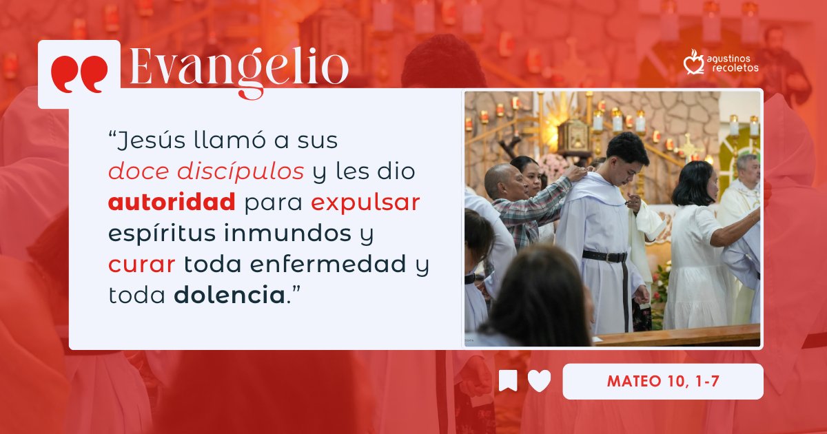oarecoletos's tweet photo. #EvangeliodelDía | "En aquel tiempo, Jesús llamó a sus doce discípulos y les dio autoridad para expulsar espíritus inmundos y curar toda enfermedad y toda dolencia.
Estos son los nombres de los doce apóstoles: el primero, Simón, llamado Pedro, y Andrés, su hermano; Santiago, el de Zebedeo, y Juan, su hermano; Felipe y Bartolomé, Tomás y Mateo el publicano; Santiago el de Alfeo, y Tadeo; Simón el de Caná, y Judas Iscariote, el que lo entregó."

Mateo 10, 1-7