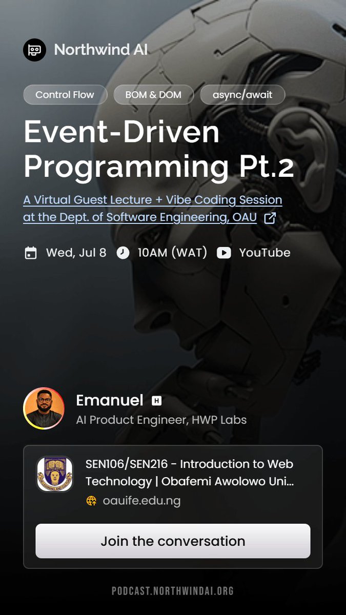 2gbeh's tweet photo. 🎙️ HAPPENING TODAY: "Event-Driven Programming Pt.2" - A Virtual Guest Lecture + Vibe Coding Session at the Dept. of Software Engineering, Obafemi Awolowo University (OAU).

LIVE on YouTube at 10AM (WAT), TODAY!!

RSVP  https://t.co/FNZ8uCJA3k https://t.co/rbHE8f7iFX