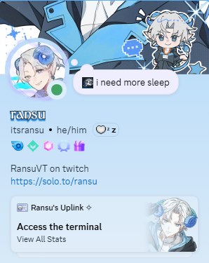 RansuVT's tweet photo. So I did that custom discord widget and my profile looks really cool now~ 🔷 https://t.co/BdptkKcoY3