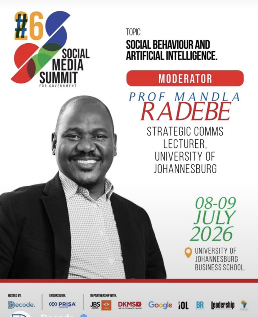 go2uj's tweet photo. #ArtificialIntelligence takes centre stage at the Social Media Summit for Government 2026, hosted by the Johannesburg Business School (JBS) at UJ today and tomorrow.

Under the theme “Human Intelligence + Artificial Intelligence”, the two-day summit brings together government communicators, policymakers, and digital leaders to explore how AI is reshaping citizen engagement and the future of public sector communication.

A key highlight of the summit is the keynote address by Solly Malatsi, Minister of Communications and Digital Technologies, who will share insights on AI, digital transformation, and the evolving role of technology in government.

Organised by Decode, a pan-African reputation advisory and strategic communications firm, in partnership with the Johannesburg Business School (JBS), and endorsed by the Public Relations Institute of Southern Africa (PRISA), the summit also features leading industry experts, government leaders, and digital innovators through panel discussions, case studies, and hands-on workshops.

#SMS4Gov #UJAllTheWay #ArtificialIntelligence #DigitalGovernment #GovernmentCommunications #CitizenEngagement
