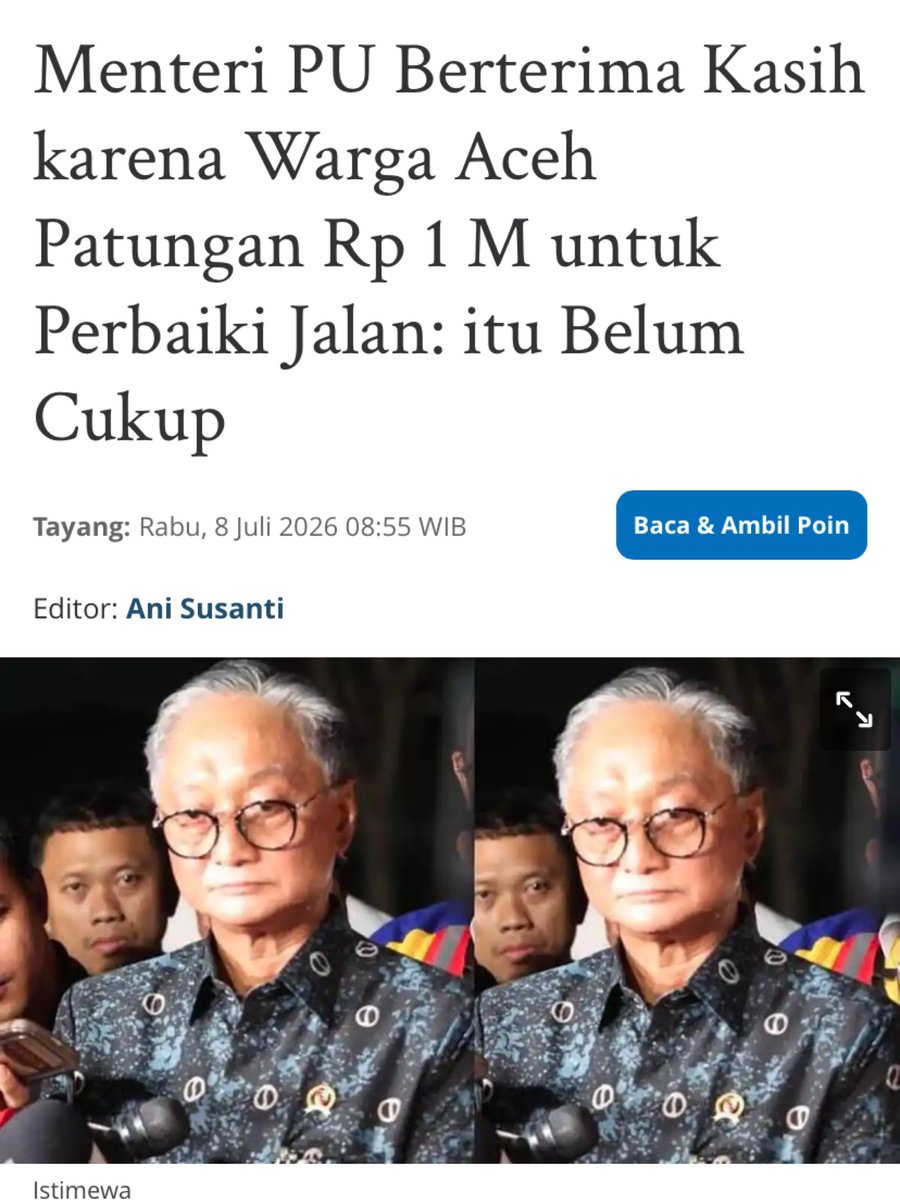 txtdrimedia's tweet photo. warga patungan Rp 1 M bikin jembatan, masih sisa Rp 555 jt

menteri PU: "terima kasih, tapi bangun jembatan doang ga cukup. perlu sentuhan pemerintah biar jembatan itu memenuhi standard keselamatan"

kata gue sih minimal malu ya 🫵 https://t.co/pgmuPBbmKk