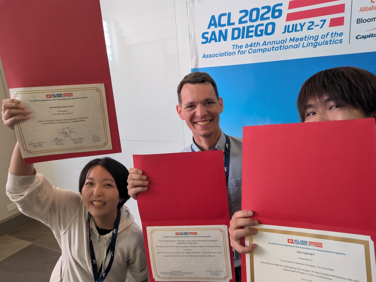 yusuke1997's tweet photo. Our work has been selected as an ACL SAC Highlight at #ACL2026 🎉🎉
Huge thanks to the SAC and reviewers for recognizing our work and for their thoughtful feedback!!

ACL 2026でSAC Highlightに選出されました。2年連続で主著論文が受賞となり、とても嬉しいです！
 #ACL2026NLP #NLProc https://t.co/KfKmWZR00p