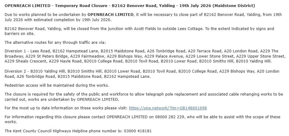 KentHighways's tweet photo. Yalding, B2162 Benover Road: Road closed 19th July for 1 day to allow for Openreach pole replacement and cabling works: https://t.co/6sdNCTuAIm https://t.co/oDngILKh3S