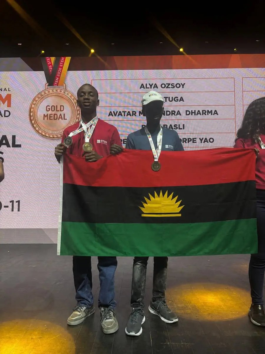 im_Kolins's tweet photo. BREAKING!

The Igbo boys that won Gold Medals in Global Mathematics and Science Competitions in Italy seen flying the Biafran flag.

It's impossible to remove Biafra from the minds of ndi Igbo.

We lost 5 million innocent people for God's sake! https://t.co/in1ITje9dS