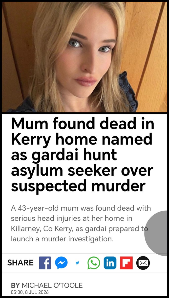 Mick_O_Keeffe's tweet photo. 🚨IRELAND - 

A manhunt is currently underway to find a Middle Eastern asylum seeker who is suspected of murdering Jamey Carney, an American woman who had lived in Killarney for the last few years. 

The suspect was living in an IPAS center in Killarney and arrived in Ireland in 2024 after previously living in France. 

Jamey leaves behind a 13-year-old daughter.