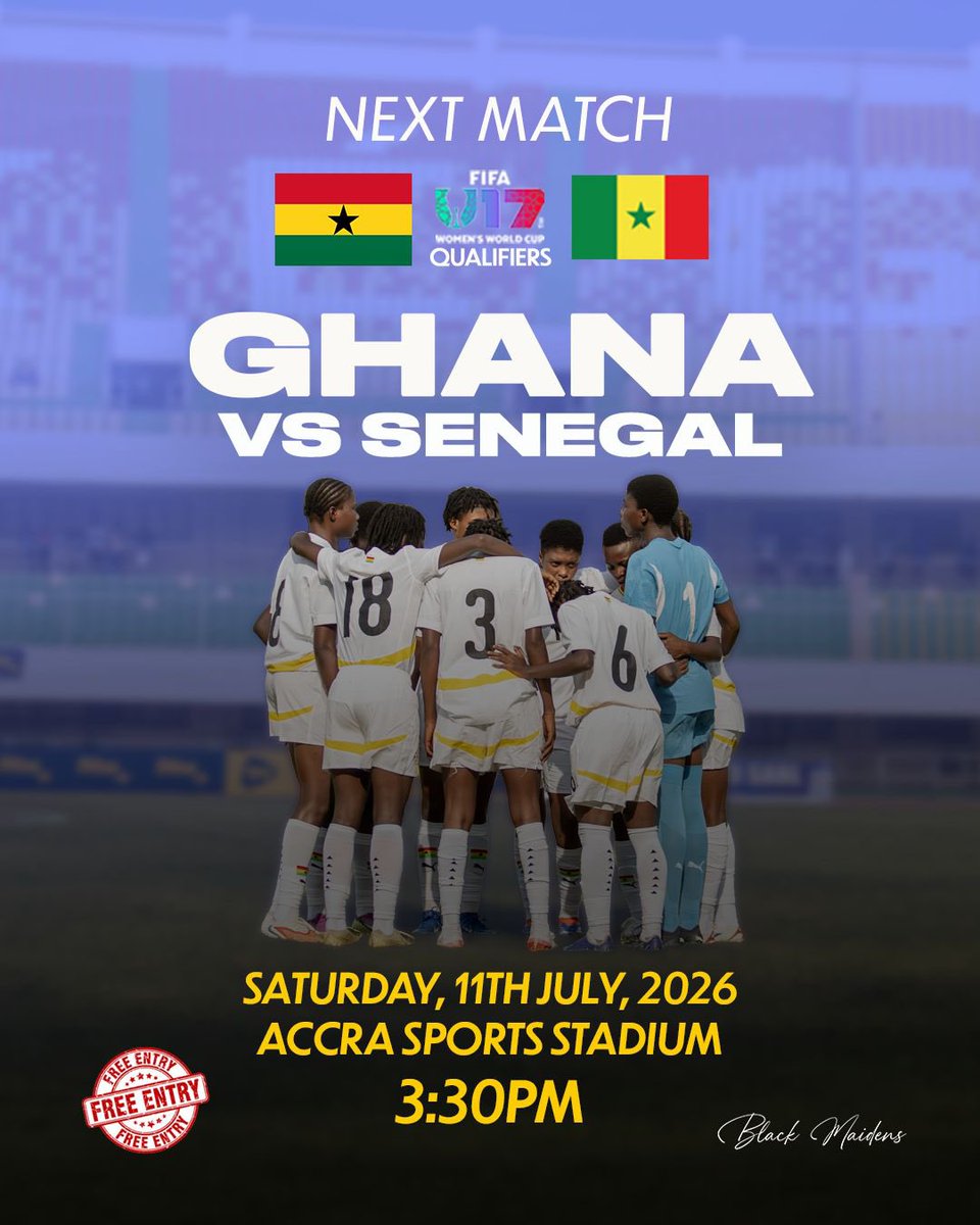 GhanaWNT's tweet photo. Up Next 📍 

🇬🇭 x 🇸🇳

🏟️ Accra Sports Stadium
 📅 Saturday, 11 July
 🕔 Kick-off: 3:30pm 

🎫: Free entry 

#ShineBlackMaidens✨
#FIFAU17WWCQ https://t.co/Z8QuG3rjcJ