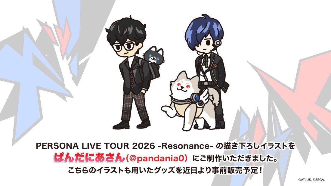 ATLUS_Gamemusic's tweet photo. 【お知らせ】
 PERSONA LIVE TOUR 2026 -Resonance-  開催を記念して、ぱんだにあさん（@pandania0）に描き下ろしイラストをご制作いただきました🐈‍⬛

こちらのイラストを用いた公演グッズも販売予定です！今回も事前通販を予定しておりますのでご期待ください😌

◆公式HP
https://t.co/pMhNBd2NBV
◆現在チケット先行2次受付中
https://t.co/sEjVTy4OhS
 
#p30th #ペルライ #PLT2026 #ペルソナライブ