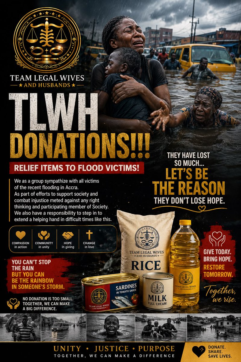teamlegalwives's tweet photo. #TLWHdonations
We as a group sympathize with all victims of the recent flooding in Accra. We stand to protect the peace of all persons affected by the floods. 
#teamLegalWives #Donations2floodvictims #TLWHtouch100Souls #TLWHLeadership #justice4akosuaserwahfosuh #DaddyLumba https://t.co/J9rtdLaXpD