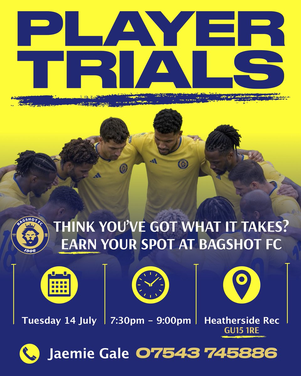 BagshotFC's tweet photo. 🧐 PLAYER TRIALS 🏃🏻

Already hard at work, new boss @Galey04 has summoned a #Trial session for players who want to be part of this season’s journey! 📈

📆 Tue 14 JULY
📍 Heatherside Rec GU15 1RE
🕣 7:30-9pm

Please DM us, the boss or message him to register YOUR interest 📲 https://t.co/z5PRtDB2R7