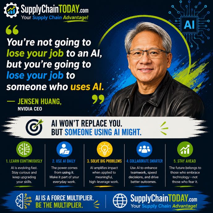 LogisticsStuff's tweet photo. AI won't replace you. But someone using AI might.
#JensenHuang #AIQuotes #AITech #FutureOfWork
Collection of Jensen Huang Quotes, CEO of NVIDIA: https://t.co/jQ654ICzaH https://t.co/gfJr89BqcC