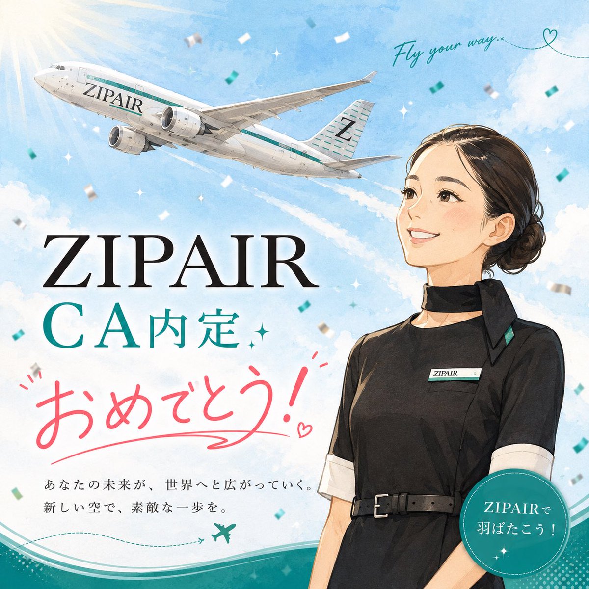 msairlineschool's tweet photo. ＼ZIP AIR内定／
27新卒　Z_ONE内定おめでとうございます
ZIP AIR独自の職種で客室乗務員と地上係員、両方の業務を担う働き方
ご活躍を願っています
#zipair #客室乗務員 #ca #gs
#内定 #おめでとう https://t.co/XYgBxzpVSV