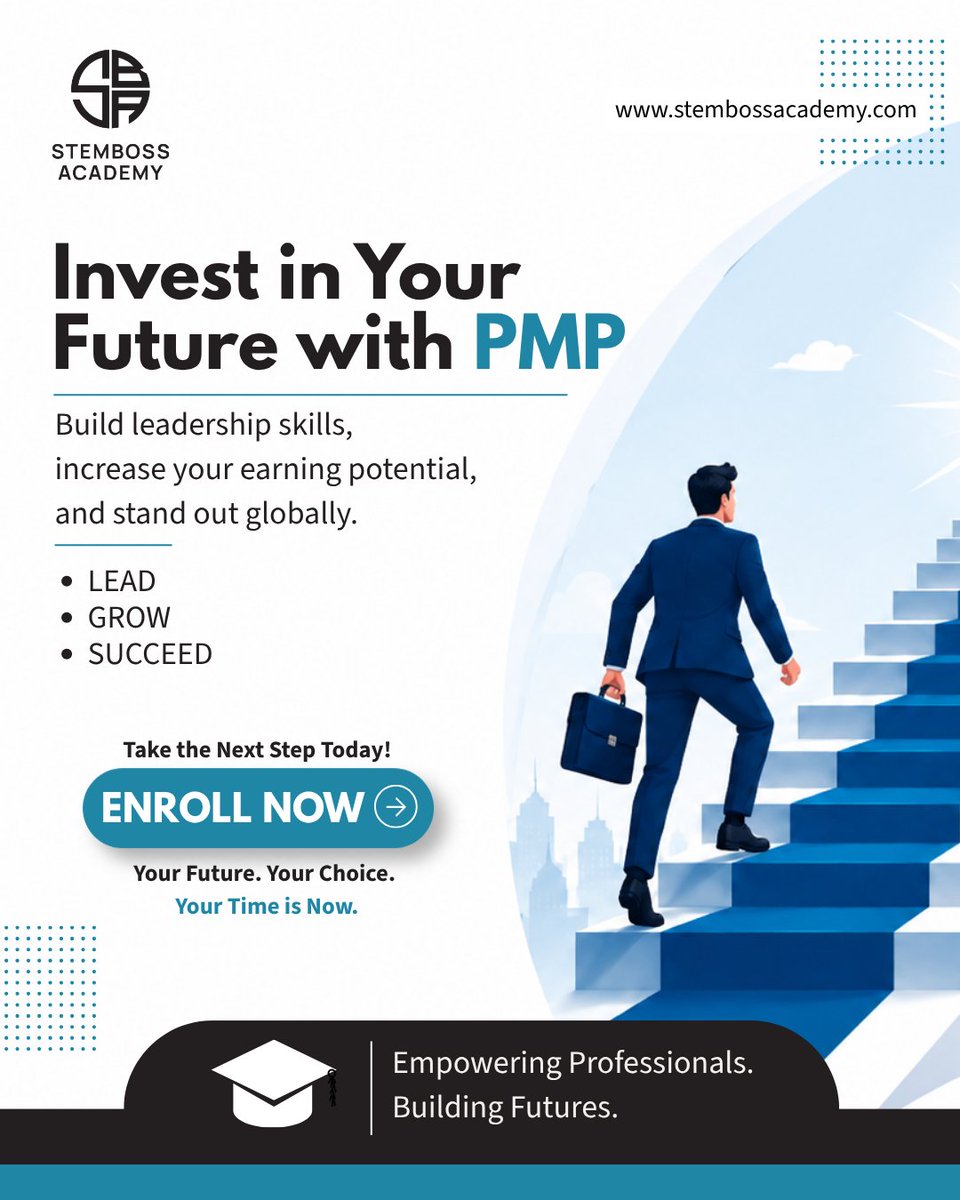 Stem_Boss's tweet photo. Project Management is one of the most in-demand skills across every industry in 2026 and PMP certification is the gold standard 🏆

PMP certified professionals earn 25% more than their peers on average. They're hired faster, promoted quicker, and trusted with bigger responsibilities. And because every industry needs project managers, your options are never limited to one field.

Whether you're already in tech, finance, healthcare, or construction. PMP gives you the credentials to lead, the skills to deliver, and the recognition to stand out globally.

Enroll in PMP at STEMBOSS Academy and invest in the certification that pays for itself many times over.

#PMP #ProjectManagement #PMPCertification #CareerGrowth #STEMBOSSAcademy #ProjectManager #Leadership #Upskill #TechCareer #PMPExam #CareerDevelopment #ProfessionalCertification