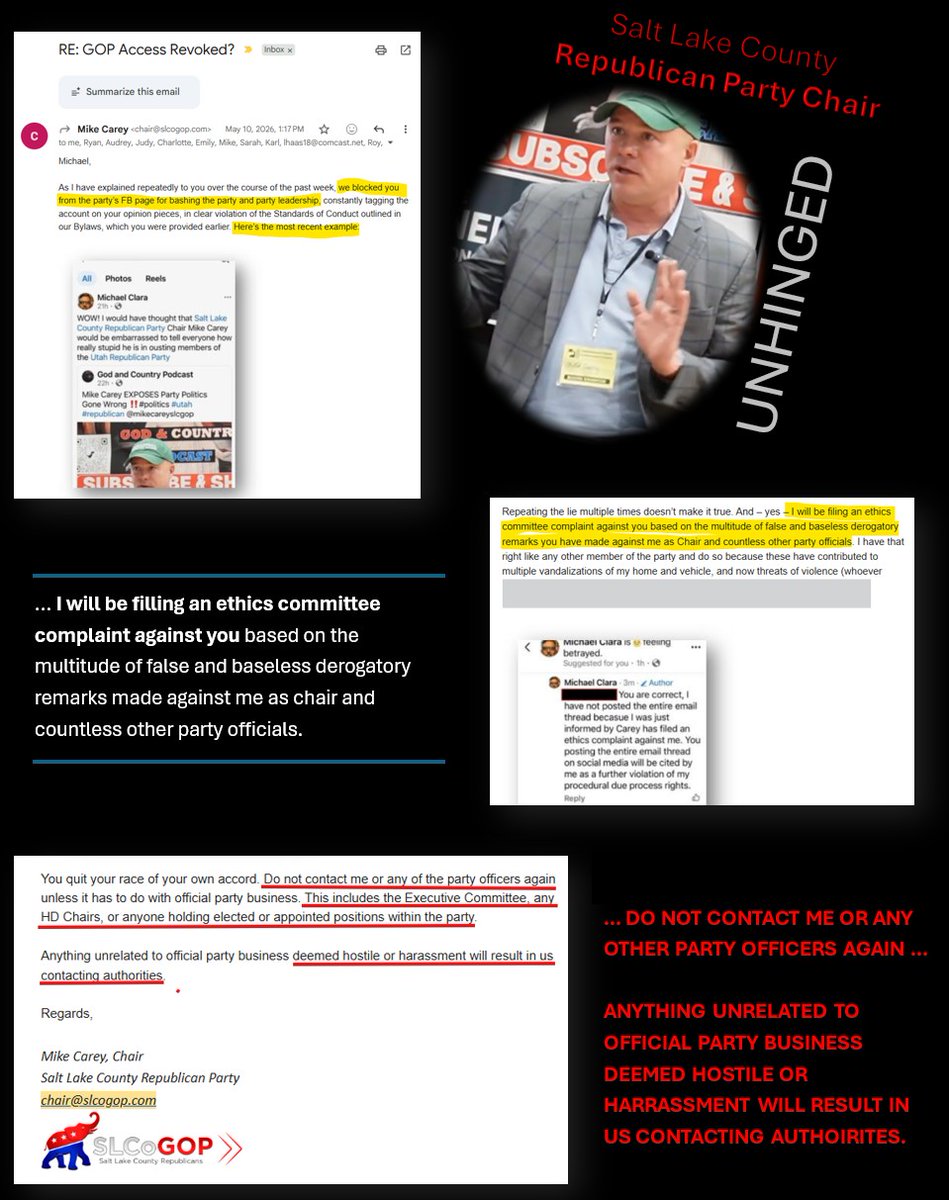 donMiguelSLC's tweet photo. The @SLCountyGOP continues to be plagued with a leadership fragility crisis. Moreover, this crisis has resulted in severe internal divisions that have caused immediate ripple effects of paralyzing the party from doing its work of supporting candidates running for office this election cycle.

📩 Here is an email I received two months ago from Chairman Mike Carey. You will note its tone of intimidation and retaliation which is characteristic of his communication style. 

📻 For many of us, whenever he opens his mouth, it’s just white noise. I am told that he has yet to file the threatened ethics complaint against me. He has not followed through with his threats of “contacting the authorities” because I talk to “party officers … executive committee members … or anyone holding elected or appointed positions within the party”. 

😆 When many of us read this email, we just laughed at the sheer stupidity of his prohibition. Many on his no contact list are in the same faith community with me and we have talked many times since Carey sent this email, and we were not talking about “party business”. In other words, he is so unhinged, he thinks he has the power to control GOP members' associations in or out of the party.

🐘 That is why this man has lost all respect for himself and the county party that he chairs. In the 30 years that I have participated in the Utah GOP, this is the worst internal factionalism and intra-party conflict I have witnessed. 

🚢 Carey’s term ends in March of 2027, he has no chance of reelection. I just hope the county party can survive the next eight months with this idiot at the helm.